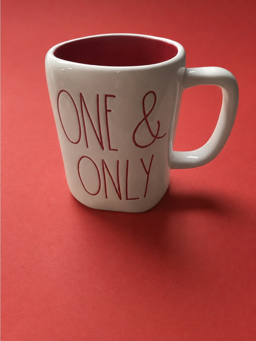 Rae Dunn White Ceramic Mug with Red Interior and Red Lettering